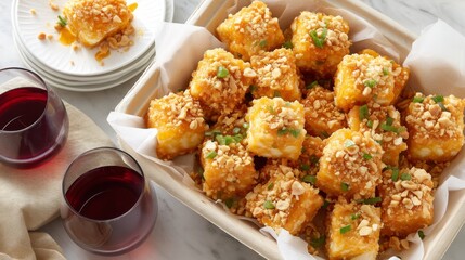 Overhead close-up showcasing crispy tofu cubes glazed in spicy sauce, topped with crushed peanuts and fresh spring onions, arranged in eco-friendly tray