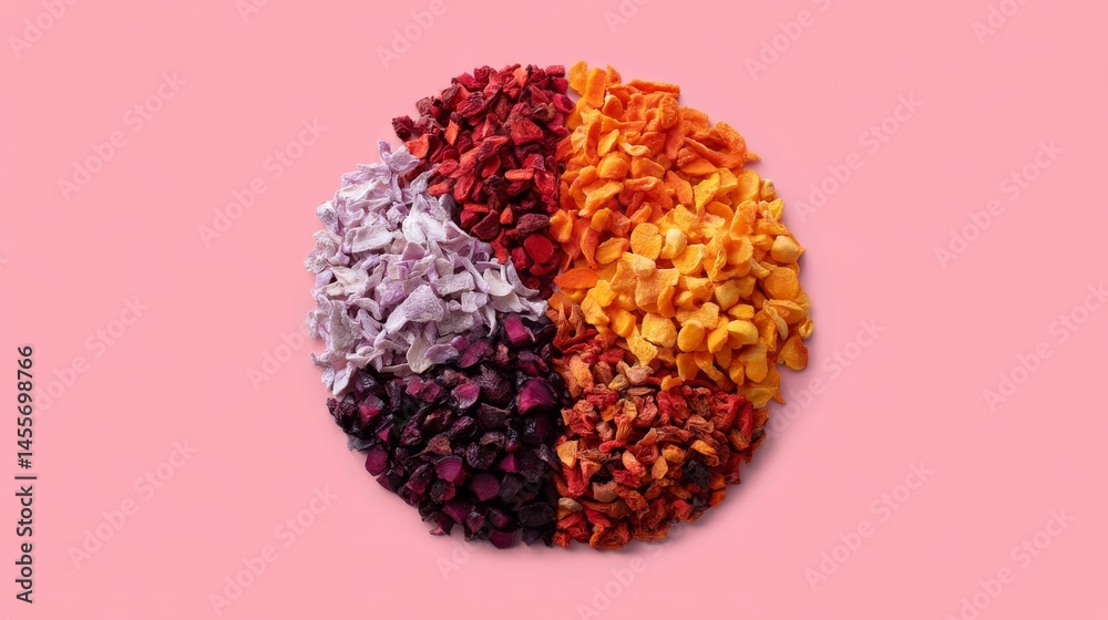 Poster mixed dried vegetables such as carrots, beets, and squash are artistically arranged in a circular pa