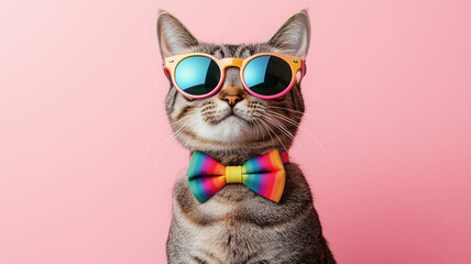 Stylish cat wearing sunglasses and rainbow bow tie against pink background.