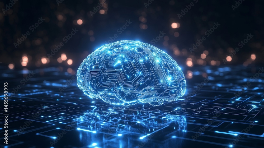 Poster digital brain network with glowing circuitry over a futuristic technology background illustrating ar