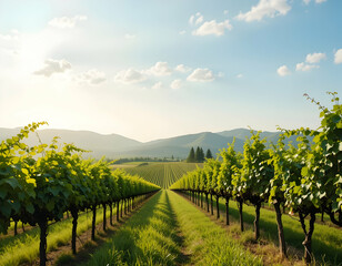 Naklejka premium Vineyard Rows Stretching to Distant Mountains on Sunny Day