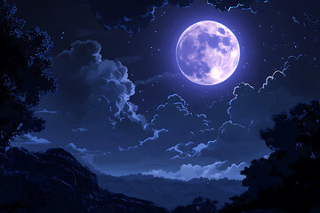 Serene night landscape featuring a full moon illuminating a tranquil scene with clouds