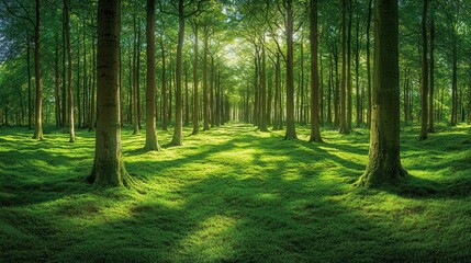 Obraz premium Serene Woodland Scene with Sunlight Filtering Through Lush Green Trees