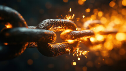 Close-up of breaking chain with sparks flying, symbolizing strength and resilience.