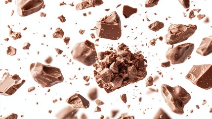 Delicious chocolate chunks and pieces floating in the air on a clean white background