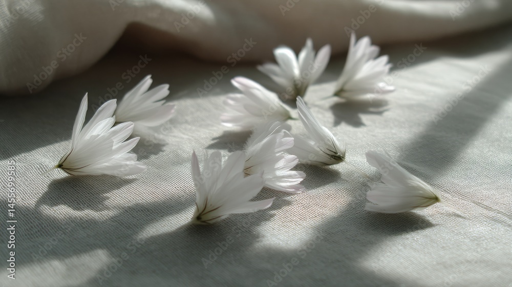 Aufkleber Delicate white petals and seeds are elegantly scattered on sheer textured fabric, illuminated by soft-filtered light creating a serene mood by the window