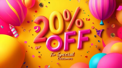 Colorful Celebration Banner Promoting 20 Percent off for Special Customers Featuring Balloons and Confetti in Vibrant Colors