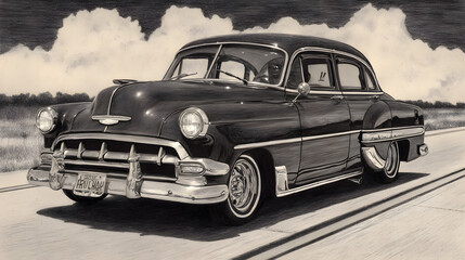 Crayon Drawing of a Classic Car on a Vintage Background