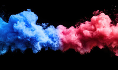 Fototapeta premium Colorful smoke clouds in blue and red against black background for artistic effects.