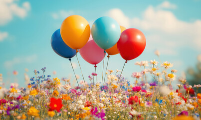 Obraz premium Colorful balloons in vibrant flower field under blue sky with fluffy clouds.