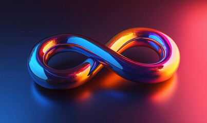 Colorful infinity symbol sculpture with reflective surface and gradient lighting.