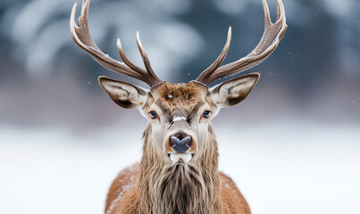 Obraz premium Majestic stag with impressive antlers in snowy landscape during winter season.