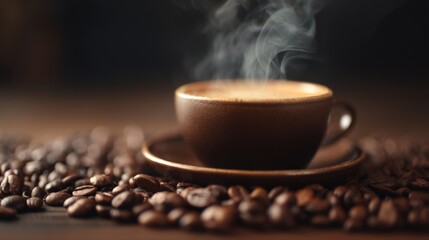 Fototapeta premium Steaming espresso cup with coffee beans, warm brown tones - the essence of rich coffee moments 
