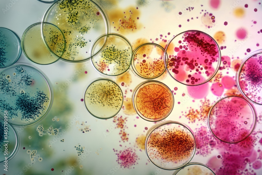 Fototapete Microscope Slide View Depicts Clusters of Bacteria Displaying Resistance to Antibiotics in a Laboratory Setting Generative AI