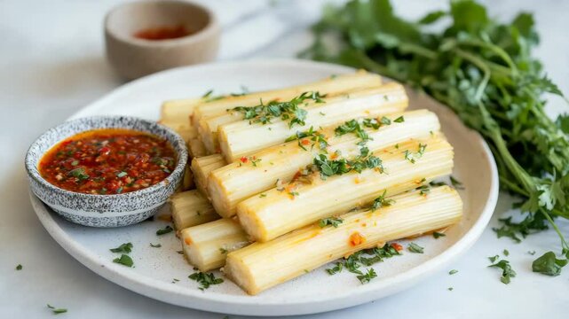 Enjoy flavorful steamed yuca sticks served with a vibrant dipping sauce and fresh herbs