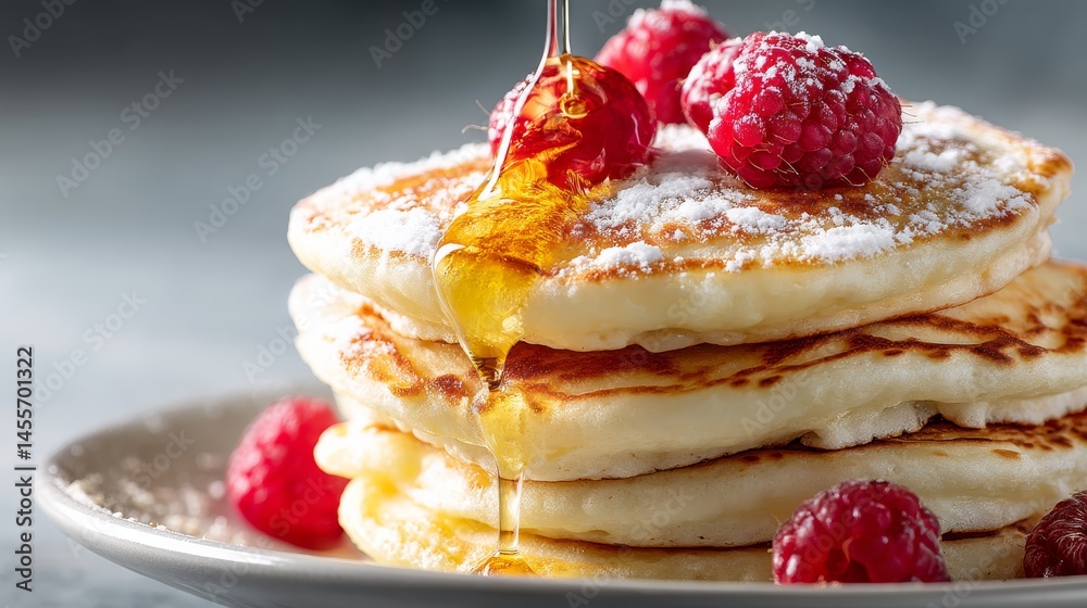 Poster tall stack of fluffy pancakes drenched in golden syrup and adorned with vibrant raspberries, offerin
