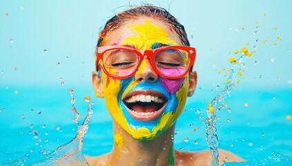 Fototapeta premium Joyful Woman with Colorful Paint Face in Pool Summer Fun Water Splash