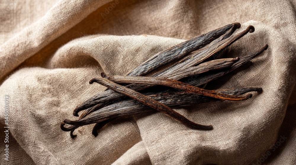Poster vanilla pods lay on white linen, their dark tones contrasting with the warm background, creating a s