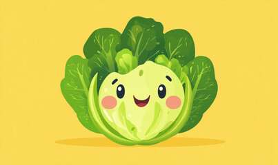 Fototapeta premium Cute cartoon cabbage character with smiling face and vibrant green leaves.
