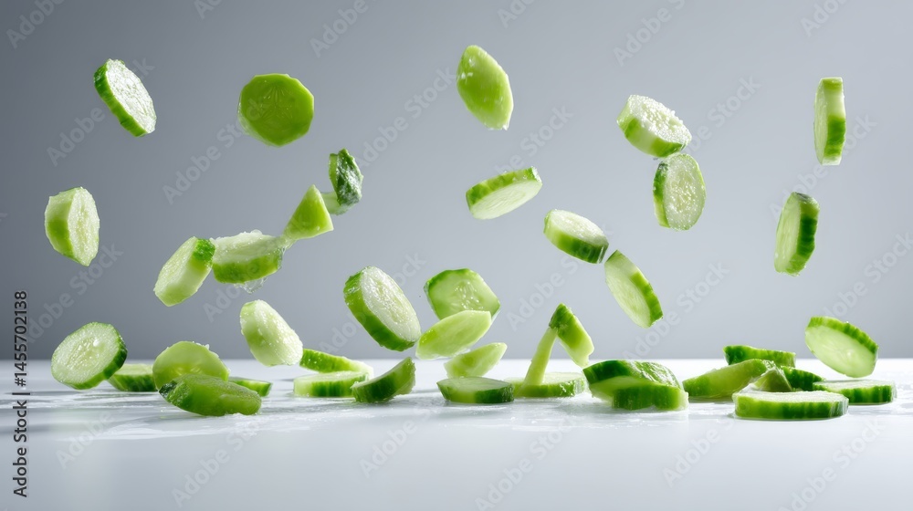Aufkleber Thin cucumber slices are captured in mid-fall, scattered in an artistic pattern against a plain white background, creating a light and refreshing visual effect