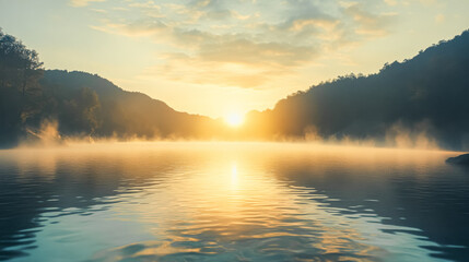 Obraz premium Tranquil misty lake at sunrise with golden reflections in serene landscape