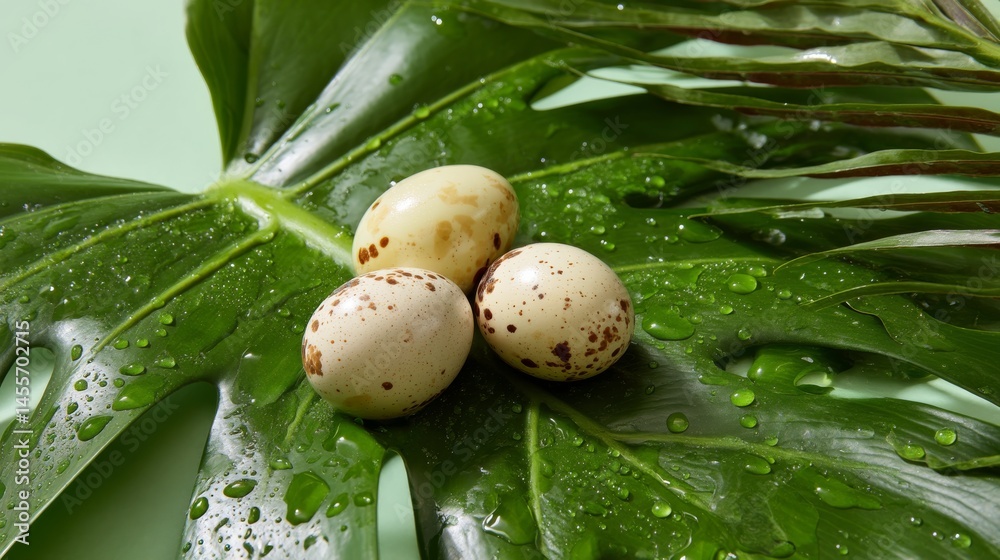 Aufkleber three speckled bird eggs rest on shiny monstera leaves adorned with glistening droplets, set against
