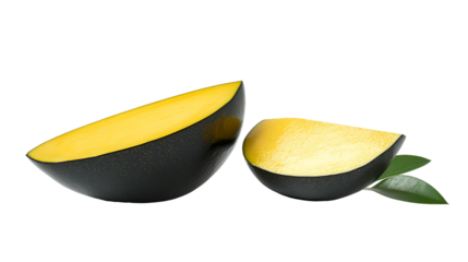 Two Halves of Ripe Mango with Yellow Flesh and Black Skin on Transparent Background, PNG