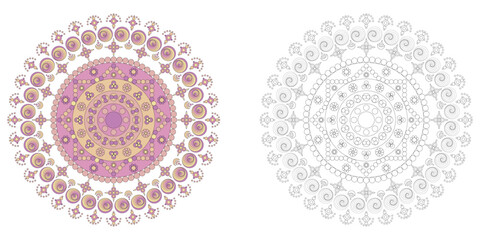 Pastel pink and black & white mandala ornament
Dual style geometric design ideal for coloring pages
