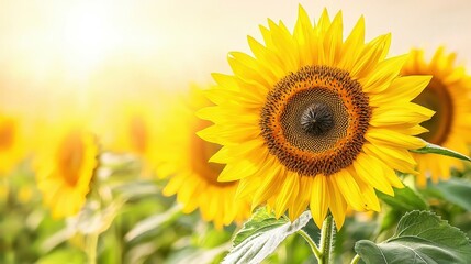 Obraz premium Close-up of a sunflower in a sunlit field with the sun shining behind it during the afternoon