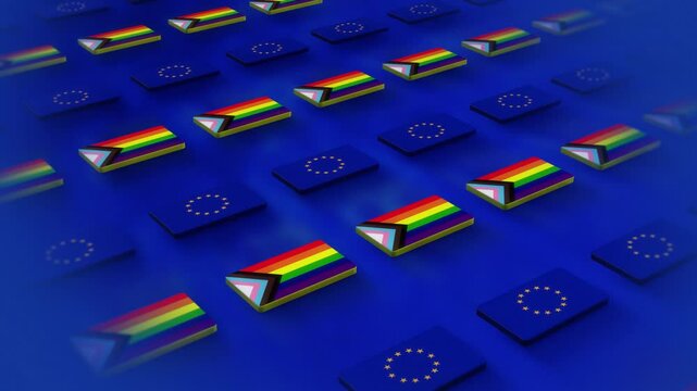 EU and LGBTQIA+ Flags in 3D Animated Grid, Seamless Loop, LGBTQIA+ Pride Concept