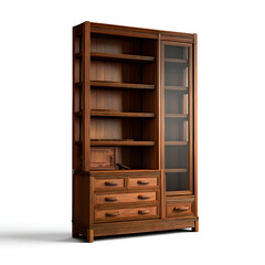 Teak Wood Bookshelf with Drawers on White Background High Resolution