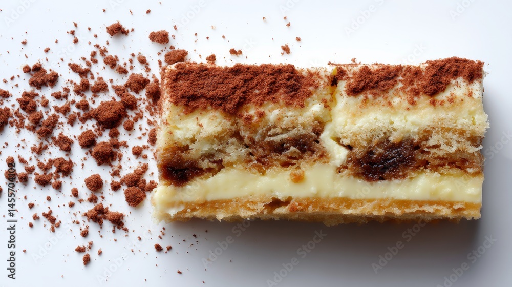 Poster dessert slice features layers of espresso-soaked cake and creamy filling, topped with cocoa powder, 
