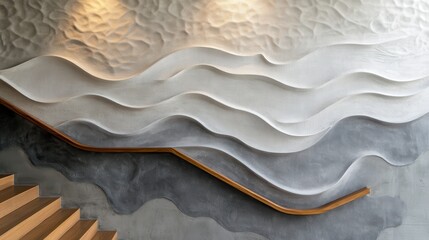 Abstract wave design on a stairway wall.
