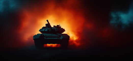 Tank silhouette against fiery background in dramatic war scene.