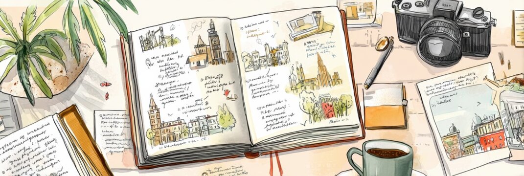 Exploring Culture and History Through Illustrated Travel Journal Entries and Sketches From Various Locations Generative AI