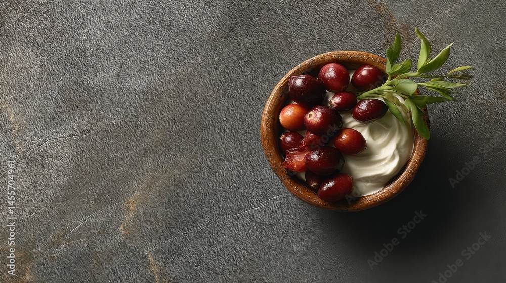 Poster overhead view showcases a rustic bowl filled with creamy yogurt, adorned with fresh cranberries and 