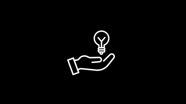 idea icon on hand animation concept . thin line hand holding light bulb like expertise animation .knowledge logotype stroke art design element isolated on white