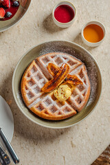 Golden Waffles Caramelized Bananas and Buttery Delight