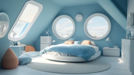 Modern, circular bed situated in a light blue attic room.