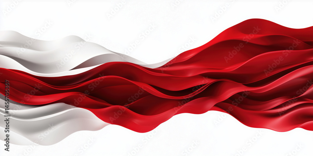 Poster flowing red and white abstract waves creating dynamic visual movement.