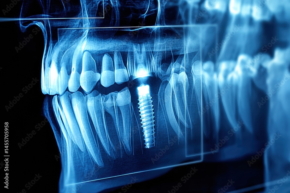 Poster jaw x-ray displaying titanium implant positioned within dental structure generative ai
