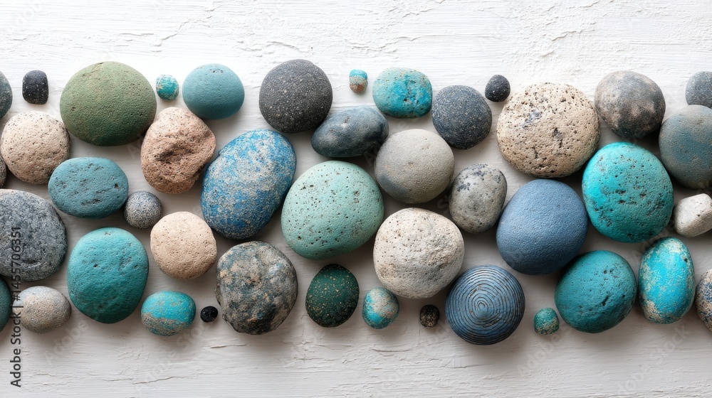 Poster smooth, colorful pebbles in various textures spread beautifully across a bright white surface, with 
