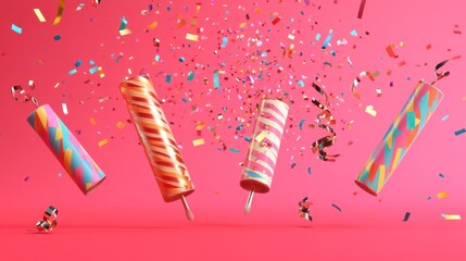 Festive celebration with colorful party poppers and confetti explosion in the air