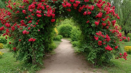 Fototapeta premium The path winds through climbing roses and lush greenery, offering a peaceful walk beneath vibrant summer blossoms. 