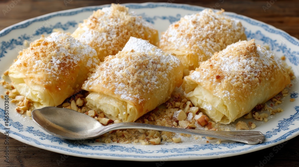 Poster close-up view of golden-brown pastry rolls lightly dusted with powdered sugar, served on a vintage p