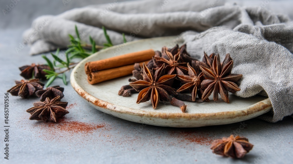 Poster Several dried star anise pieces and clove buds rest on a rustic ceramic plate dusted with cinnamon, creating an inviting and aromatic culinary display