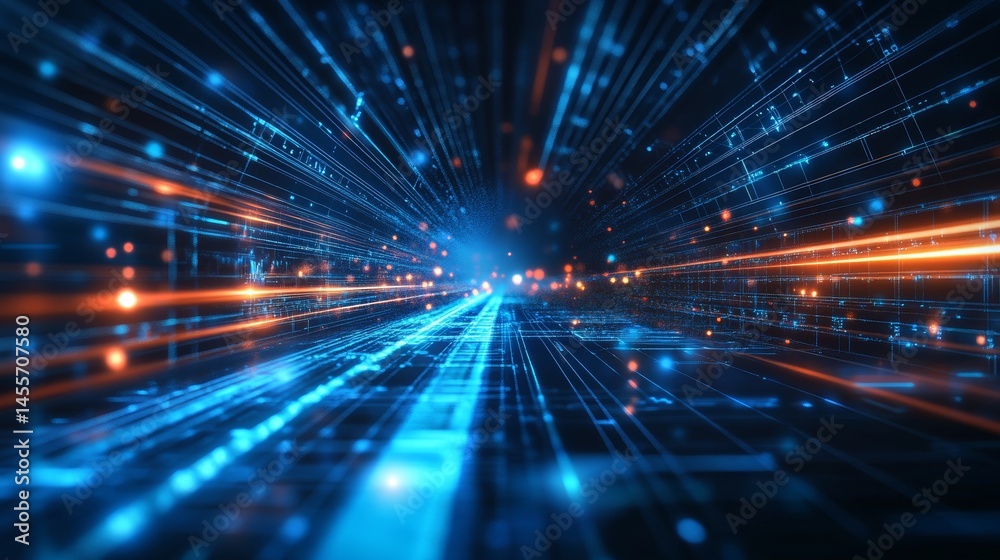 Poster dynamic blue and orange light trails create an abstract representation of speed and motion in a high