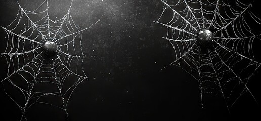 Intricate spiderwebs against a dark background.