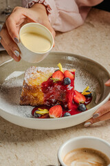 Decadent French Toast Berry Sauce Cream Artistic Presentation