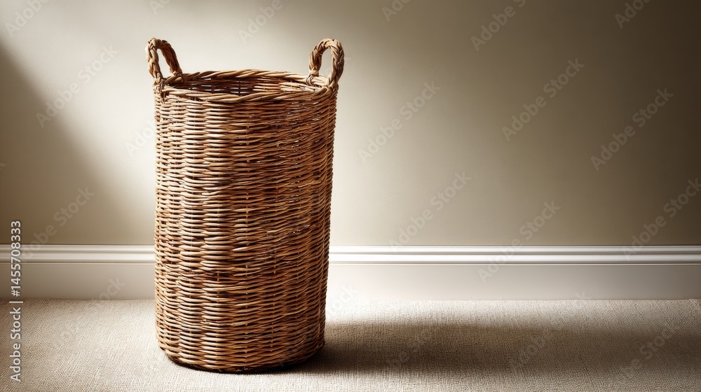 Fototapete Cylindrical storage container with hand-woven texture and two handles positioned on a neutral rug, illuminated by soft indoor lighting, creating a warm atmosphere